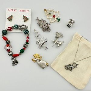 HOLIDAY JEWELRY LOT - 9 Pieces Pins Earrings Bracelet Necklace Charm Some Signed